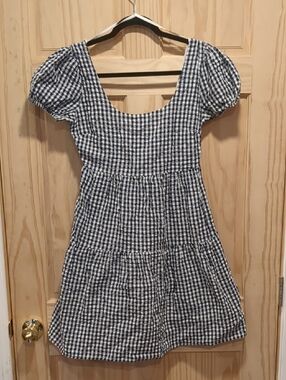 Blue and White Gingham Puff-Sleeve Dress for Girls